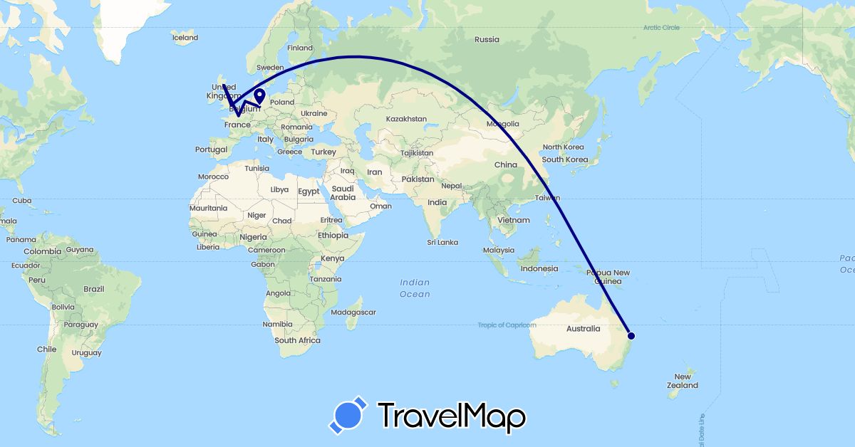 TravelMap itinerary: driving in Australia, Germany, France, United Kingdom, Netherlands (Europe, Oceania)